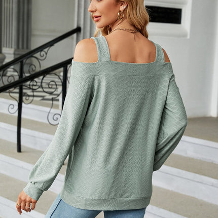 Women's Autumn and Winter Solid Color Hollow Loose Long Sleeve T Shirt Tops (Cold Shoulder) Hollow T-Shirt Tops for Women