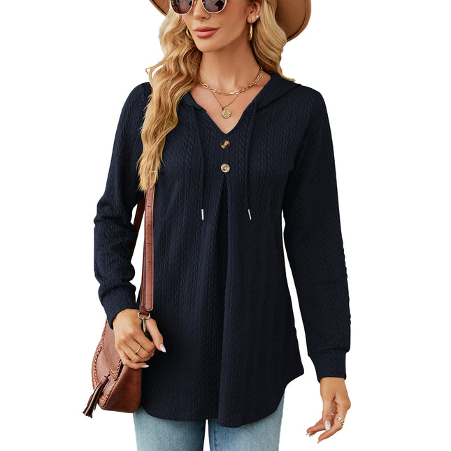 Solid Color Sweater Casual Button V Neck Long Sleeve Hooded Top Sweater Women's Embossed Hoodie Women's