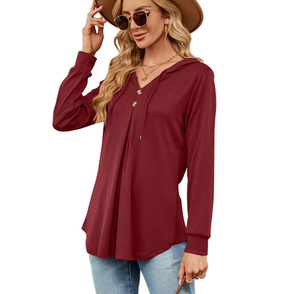Solid Color Sweater Casual Button V-Neck Long Sleeve Hooded Top Sweater Women Hooded Drawstring Women's
