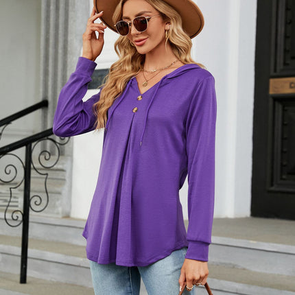 Solid Color Sweater Casual Button V-Neck Long Sleeve Hooded Top Sweater Women Hooded Drawstring Women's