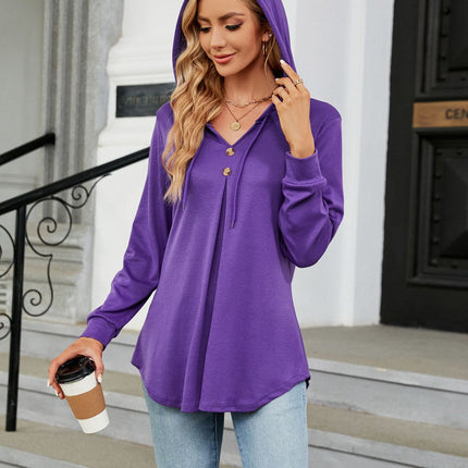 Solid Color Sweater Casual Button V-Neck Long Sleeve Hooded Top Sweater Women Hooded Drawstring Women's