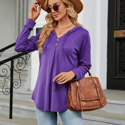 Solid Color Sweater Casual Button V-Neck Long Sleeve Hooded Top Sweater Women Hooded Drawstring Women's