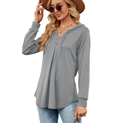 Solid Color Sweater Casual Button V-Neck Long Sleeve Hooded Top Sweater Women Hooded Drawstring Women's