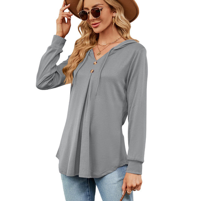 Solid Color Sweater Casual Button V-Neck Long Sleeve Hooded Top Sweater Women Hooded Drawstring Women's