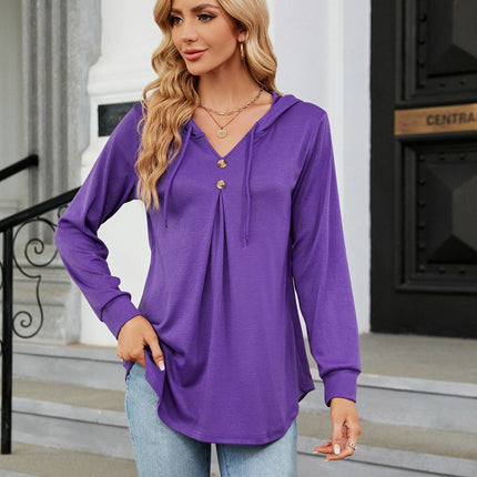 Solid Color Sweater Casual Button V-Neck Long Sleeve Hooded Top Sweater Women Hooded Drawstring Women's