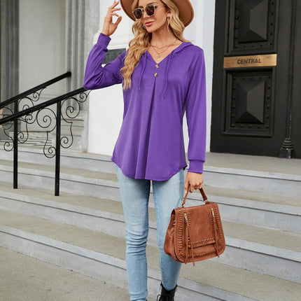 Solid Color Sweater Casual Button V-Neck Long Sleeve Hooded Top Sweater Women Hooded Drawstring Women's