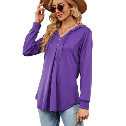 Solid Color Sweater Casual Button V-Neck Long Sleeve Hooded Top Sweater Women Hooded Drawstring Women's