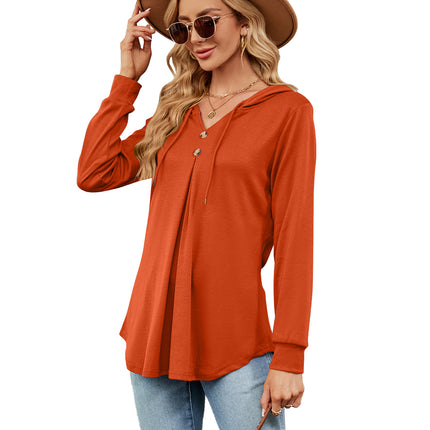 Solid Color Sweater Casual Button V-Neck Long Sleeve Hooded Top Sweater Women Hooded Drawstring Women's