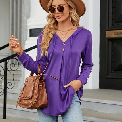 Solid Color Sweater Casual Button V-Neck Long Sleeve Hooded Top Sweater Women Hooded Drawstring Women's