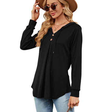 Solid Color Sweater Casual Button V-Neck Long Sleeve Hooded Top Sweater Women Hooded Drawstring Women's