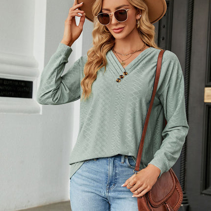 Women's Autumn and Winter Solid Color V-Neck Button Jacquard Loose Sleeve T Shirt Long Sleeve Fashion T Shirt