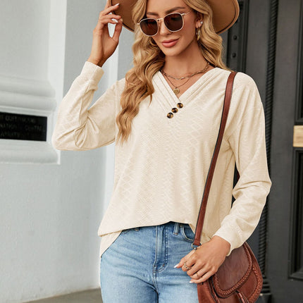 Women's Autumn and Winter Solid Color V-Neck Button Jacquard Loose Sleeve T Shirt Long Sleeve Fashion T Shirt