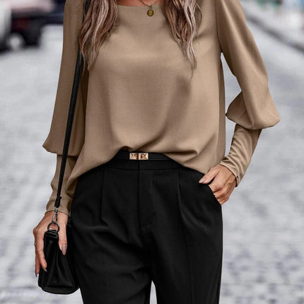 Women's Round Collar Solid Color Button Back Long Sleeve Shirt Fashion Casual Loose Women's Top T Shirt