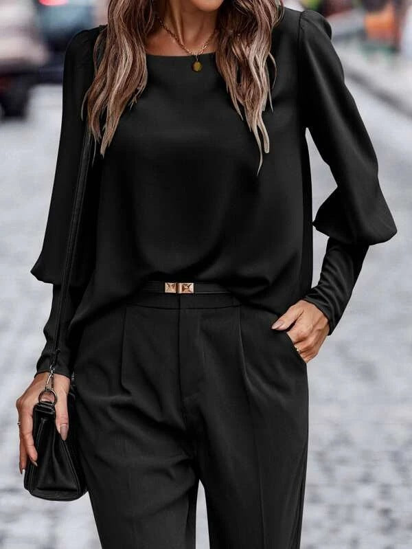 Women's Round Collar Solid Color Button Back Long Sleeve Shirt Fashion Casual Loose Women's Top T Shirt