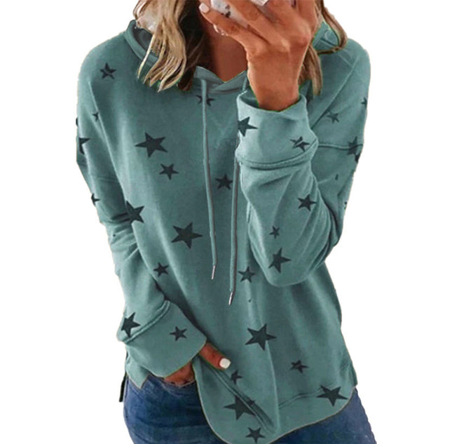 Women's Casual Wrinkle Collar Star Printed Sweatshirt Long Sleeve Loose Pullover Basic Side Split Hoodie Top