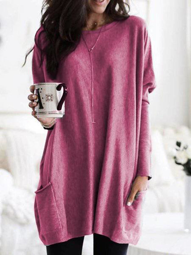 Women's Spring and Autumn Casual Printed Round Neck Long Sleeve Long T Shirt Top Pocket Sleeve Loose Top