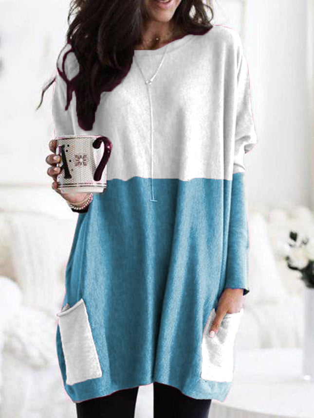 Women's Spring and Autumn Casual Printed Round Neck Long Sleeve Long T Shirt Top Pocket Sleeve Loose Top 1