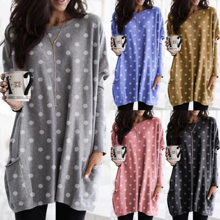 Women's Spring and Autumn Casual Printed Round Neck Long Sleeve Long T Shirt Top Pocket Sleeve Loose Top 2