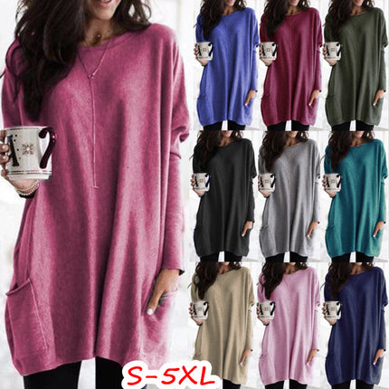Women's Spring and Autumn Casual Printed Round Neck Long Sleeve Long T Shirt Top Pocket Sleeve Loose Top 2