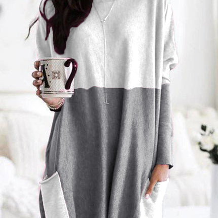 Women's Spring and Autumn Casual Printed Round Neck Long Sleeve Long T Shirt Top Pocket Sleeve Loose Top 2