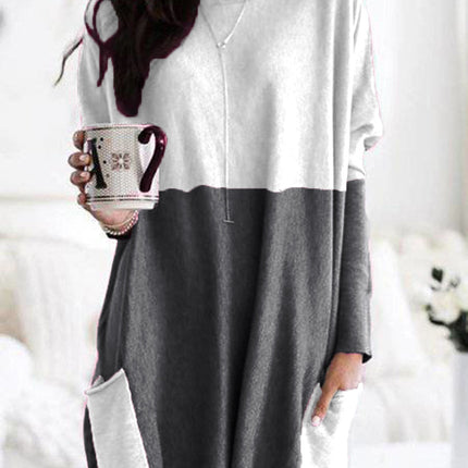 Women's Spring and Autumn Casual Printed Round Neck Long Sleeve Long T Shirt Top Pocket Sleeve Loose Top 2