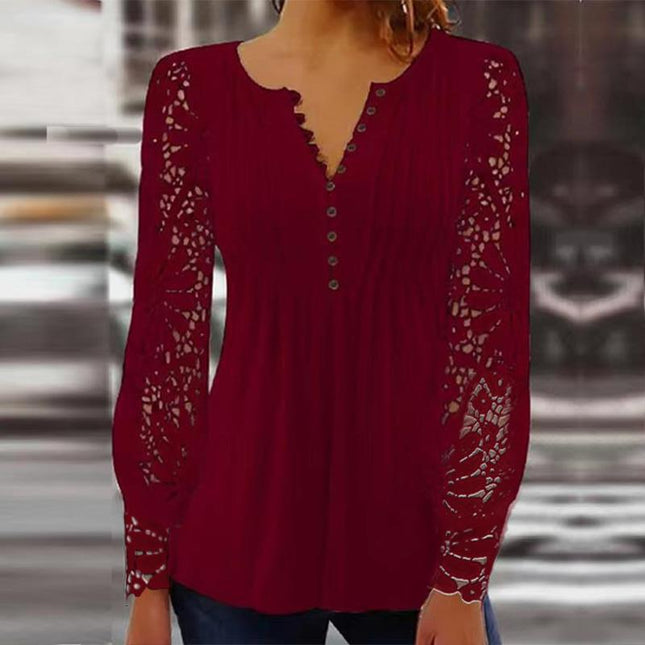 Women's Long Sleeve Tops Women's Spring and Autumn Lace Lace Sleeve Pressure Pleated Solid Color Button t-shirt Bottom Shirt