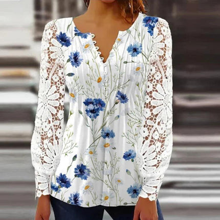 Women's Long Sleeve Tops Women's Spring and Autumn Lace Lace Sleeve Pressure Pleated Solid Color Button t-shirt Bottom Shirt  1