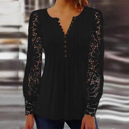 Women's Long Sleeve Tops Women's Spring and Autumn Lace Lace Sleeve Pressure Pleated Solid Color Button t-shirt Bottom Shirt  1