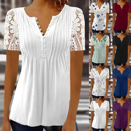 Women's Long Sleeve Tops Women's Spring and Autumn Lace Lace Sleeve Pressure Pleated Solid Color Button t-shirt Bottom Shirt  1