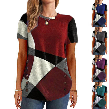Tops for Women Casual Round Neck Trendy  Buttons Printed Contrast Color Long Sleeve T-Shirt Oversized Blouses Tops 1