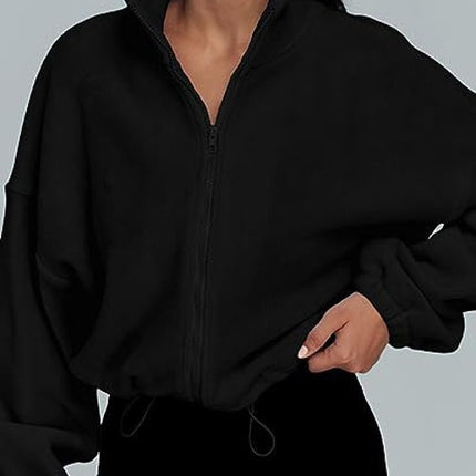 Women's Tops Full Zipper Fleece Short Jacket Winter Solid Color Long Sleeve Standing Collar Straw Jacket Drawstring Waist Tops