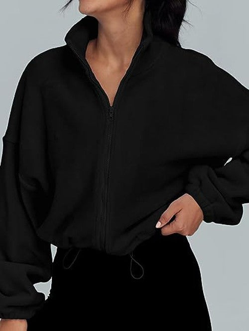 Women's Tops Full Zipper Fleece Short Jacket Winter Solid Color Long Sleeve Standing Collar Straw Jacket Drawstring Waist Tops