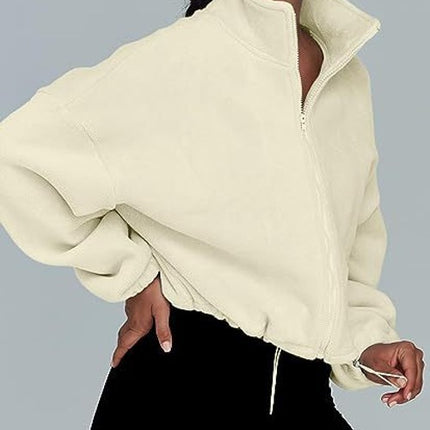 Women's Tops Full Zipper Fleece Short Jacket Winter Solid Color Long Sleeve Standing Collar Straw Jacket Drawstring Waist Tops