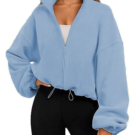 Women's Tops Full Zipper Fleece Short Jacket Winter Solid Color Long Sleeve Standing Collar Straw Jacket Drawstring Waist Tops