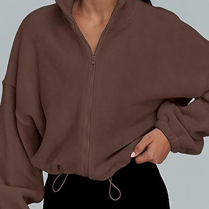 Women's Tops Full Zipper Fleece Short Jacket Winter Solid Color Long Sleeve Standing Collar Straw Jacket Drawstring Waist Tops