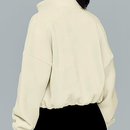 Women's Tops Full Zipper Fleece Short Jacket Winter Solid Color Long Sleeve Standing Collar Straw Jacket Drawstring Waist Tops