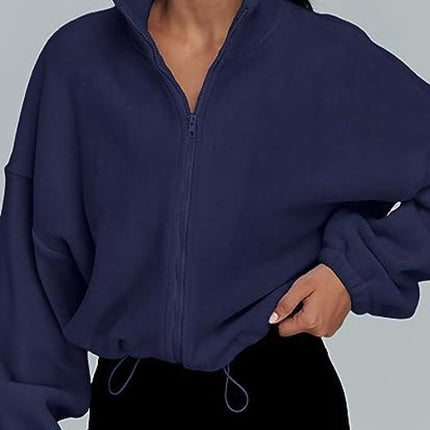 Women's Tops Full Zipper Fleece Short Jacket Winter Solid Color Long Sleeve Standing Collar Straw Jacket Drawstring Waist Tops