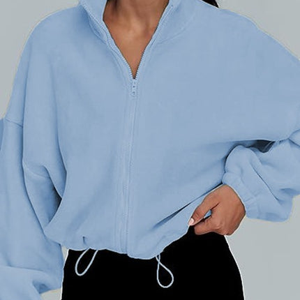 Women's Tops Full Zipper Fleece Short Jacket Winter Solid Color Long Sleeve Standing Collar Straw Jacket Drawstring Waist Tops