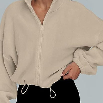 Women's Tops Full Zipper Fleece Short Jacket Winter Solid Color Long Sleeve Standing Collar Straw Jacket Drawstring Waist Tops