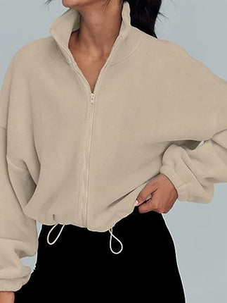Women's Tops Full Zipper Fleece Short Jacket Winter Solid Color Long Sleeve Standing Collar Straw Jacket Drawstring Waist Tops