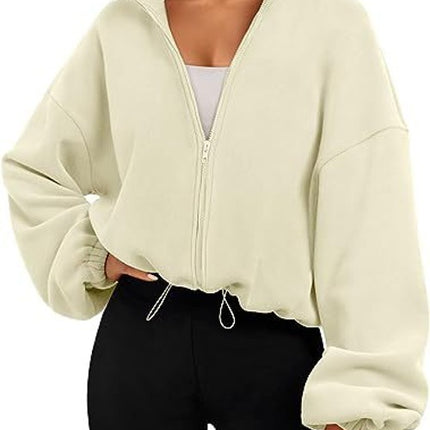 Women's Tops Full Zipper Fleece Short Jacket Winter Solid Color Long Sleeve Standing Collar Straw Jacket Drawstring Waist Tops