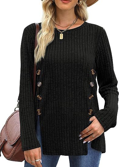 Women's long-sleeved round neck top Trendy ribbed knit pullover sweater Autumn casual solid color buttons double row of buttons open shirt