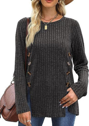 Women's long-sleeved round neck top Trendy ribbed knit pullover sweater Autumn casual solid color buttons double row of buttons open shirt