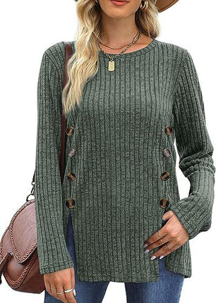 Women's long-sleeved round neck top Trendy ribbed knit pullover sweater Autumn casual solid color buttons double row of buttons open shirt