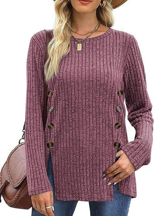 Women's long-sleeved round neck top Trendy ribbed knit pullover sweater Autumn casual solid color buttons double row of buttons open shirt