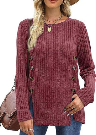 Women's long-sleeved round neck top Trendy ribbed knit pullover sweater Autumn casual solid color buttons double row of buttons open shirt