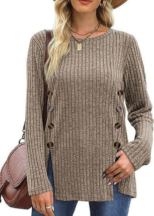 Women's long-sleeved round neck top Trendy ribbed knit pullover sweater Autumn casual solid color buttons double row of buttons open shirt