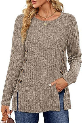 Women's long-sleeved round neck top Trendy ribbed knit pullover sweater Autumn casual solid color buttons double row of buttons open shirt