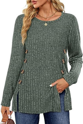 Women's long-sleeved round neck top Trendy ribbed knit pullover sweater Autumn casual solid color buttons double row of buttons open shirt