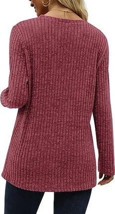 Women's long-sleeved round neck top Trendy ribbed knit pullover sweater Autumn casual solid color buttons double row of buttons open shirt